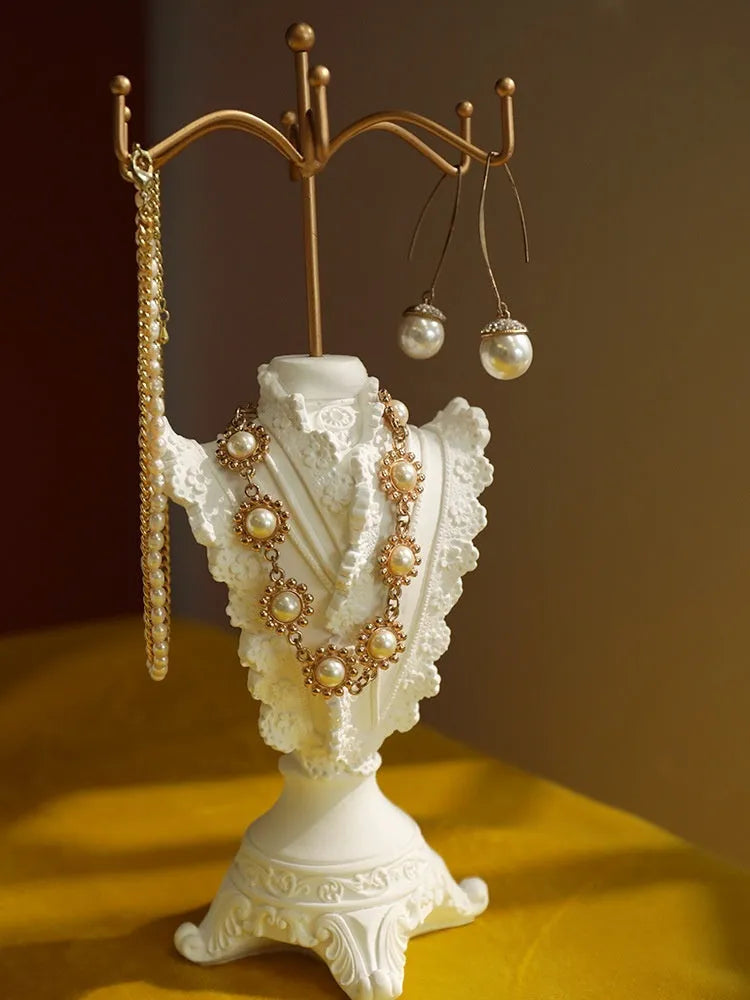 White plaster three-layer gypsum jewellery display stand with retro shape for necklaces and rings
