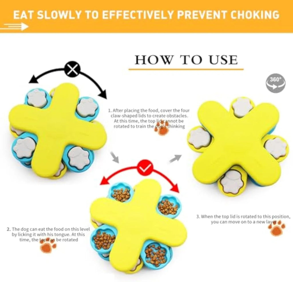 Yellow three-layer rotating dog puzzle feeder with claw-shaped obstacles and anti-slip base