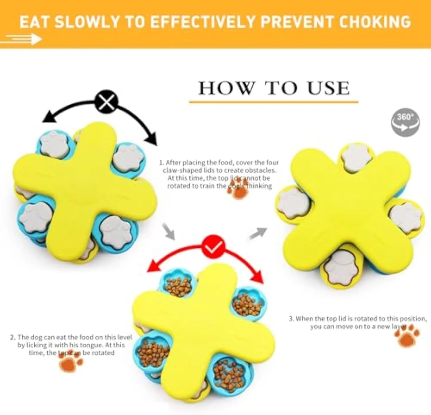 Yellow three-layer rotating dog puzzle feeder with claw-shaped obstacles and anti-slip base