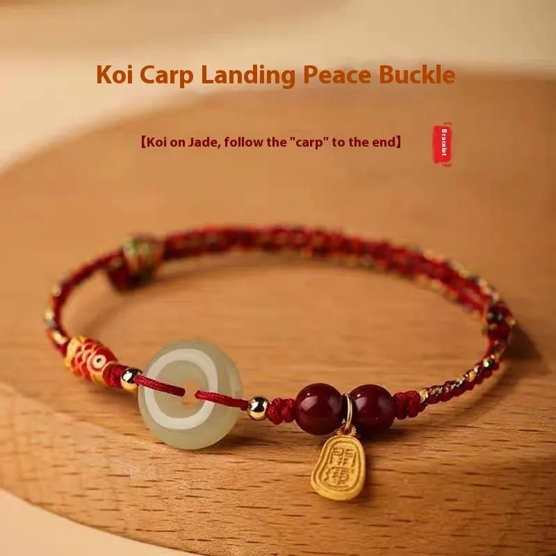 Hetian jade peace buckle bracelet on braided rope in three colour options