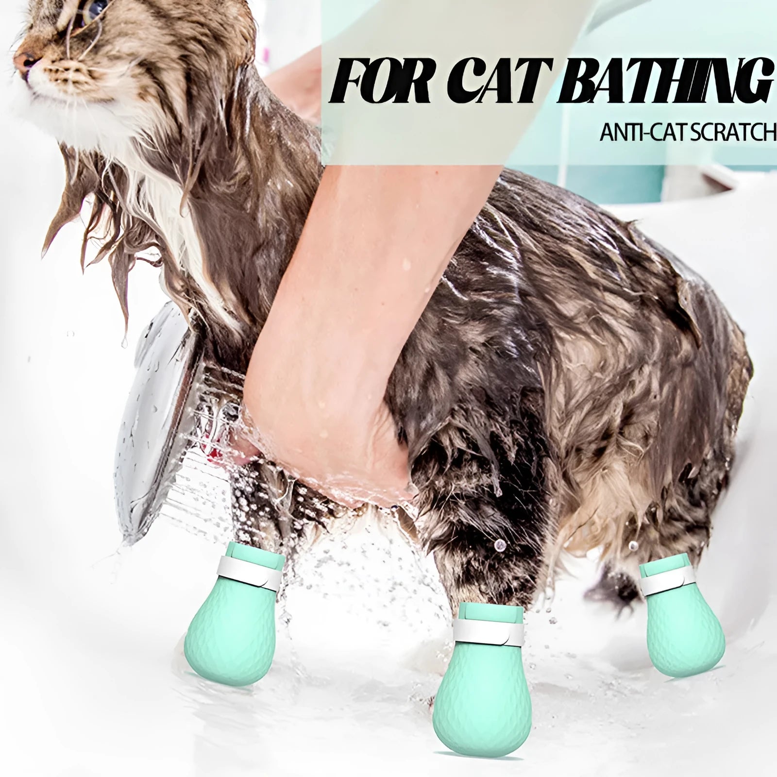 Four green silicone cat paw covers for anti-scratch protection during washing and medication