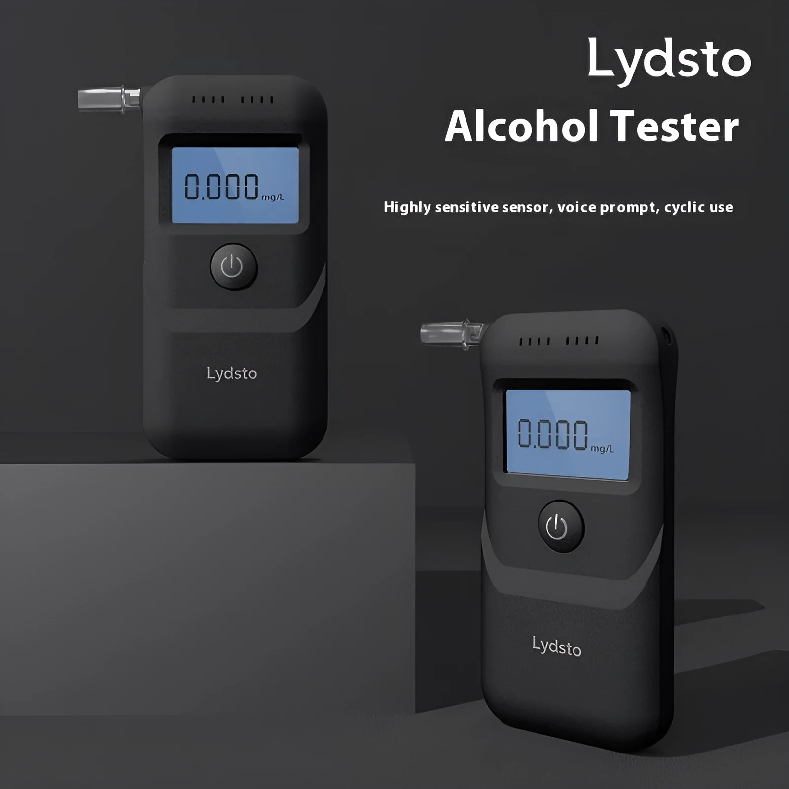 Black household personal alcohol breath tester unit on a white background.