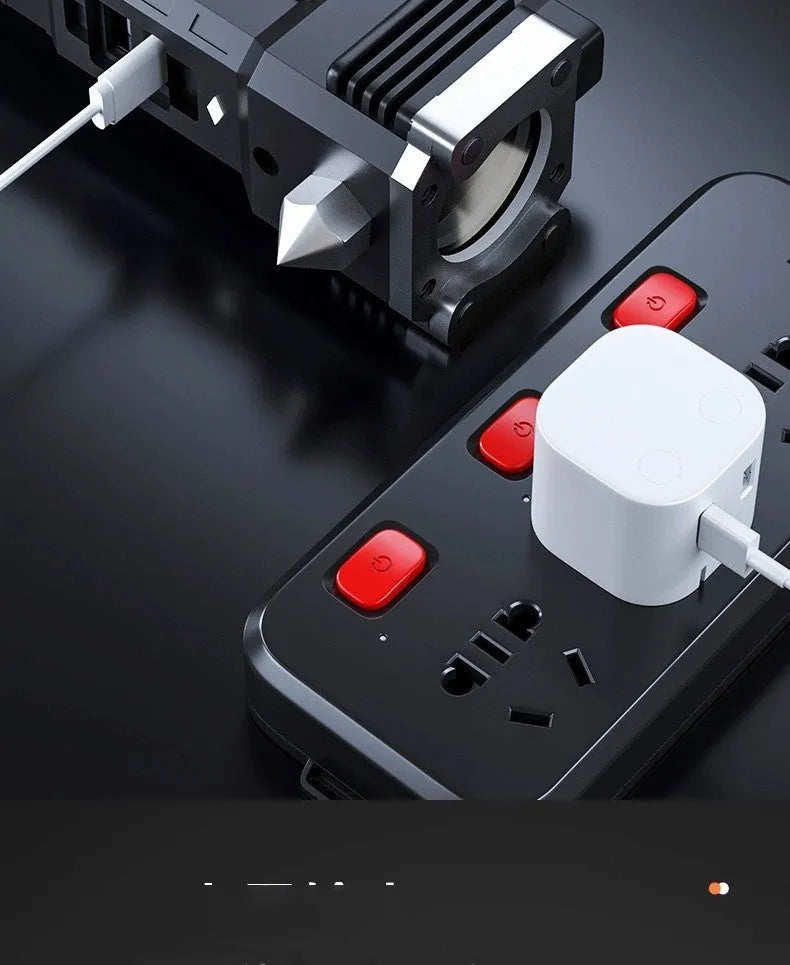 Silver portable power bank LED flashlight with USB charging port shown.