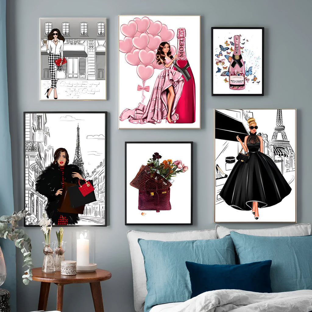 Canvas wall art print showing fashion girl with balloons and champagne cartoon anime celebration scene