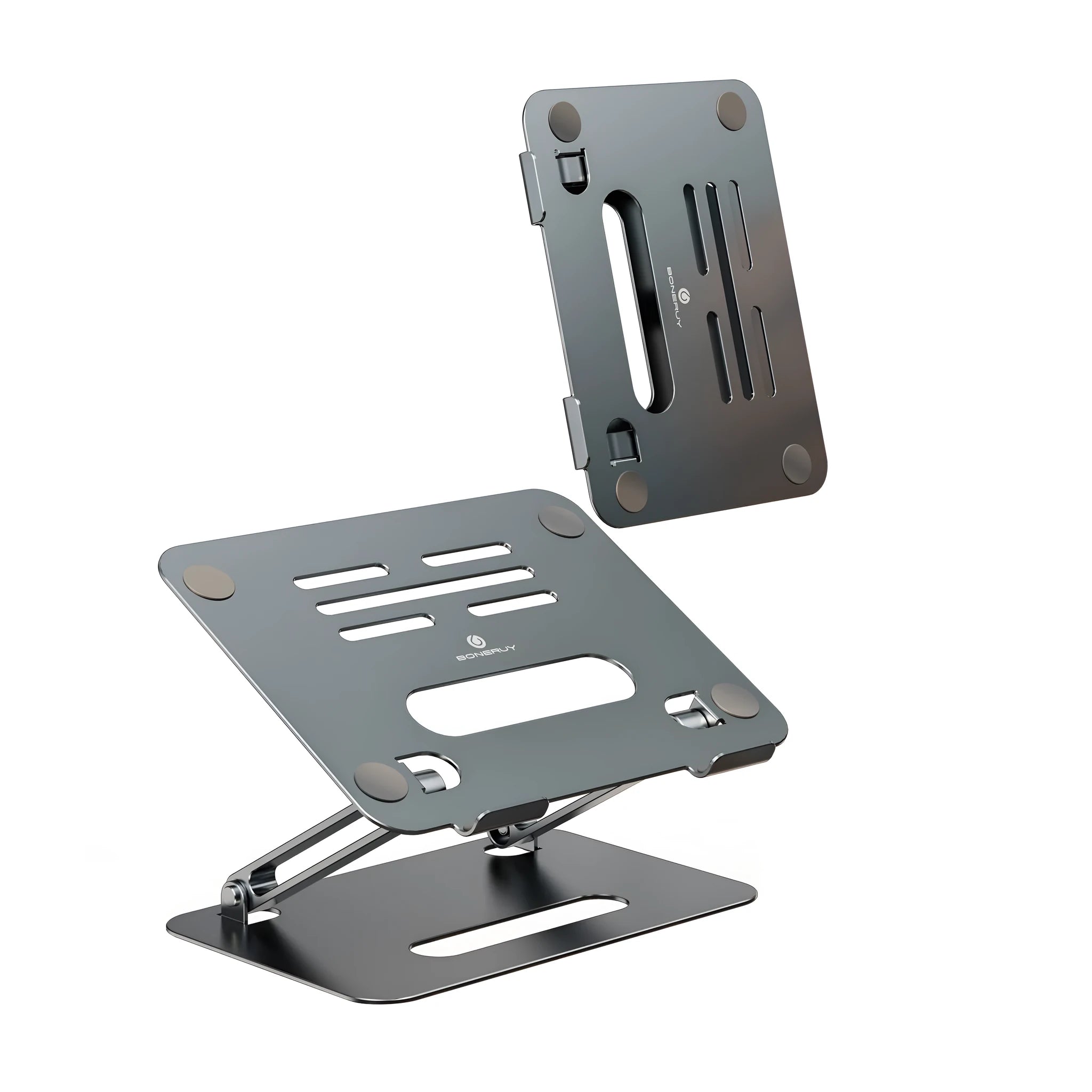 Grey silver aluminium alloy double-layer desktop computer stand with heat sink on a desk