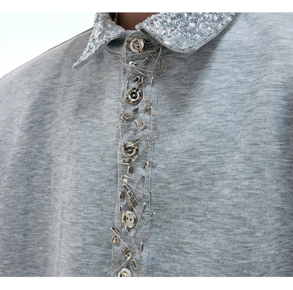 Loose fit square neck short sleeved shirt with sequins and metal decoration in black, grey or white