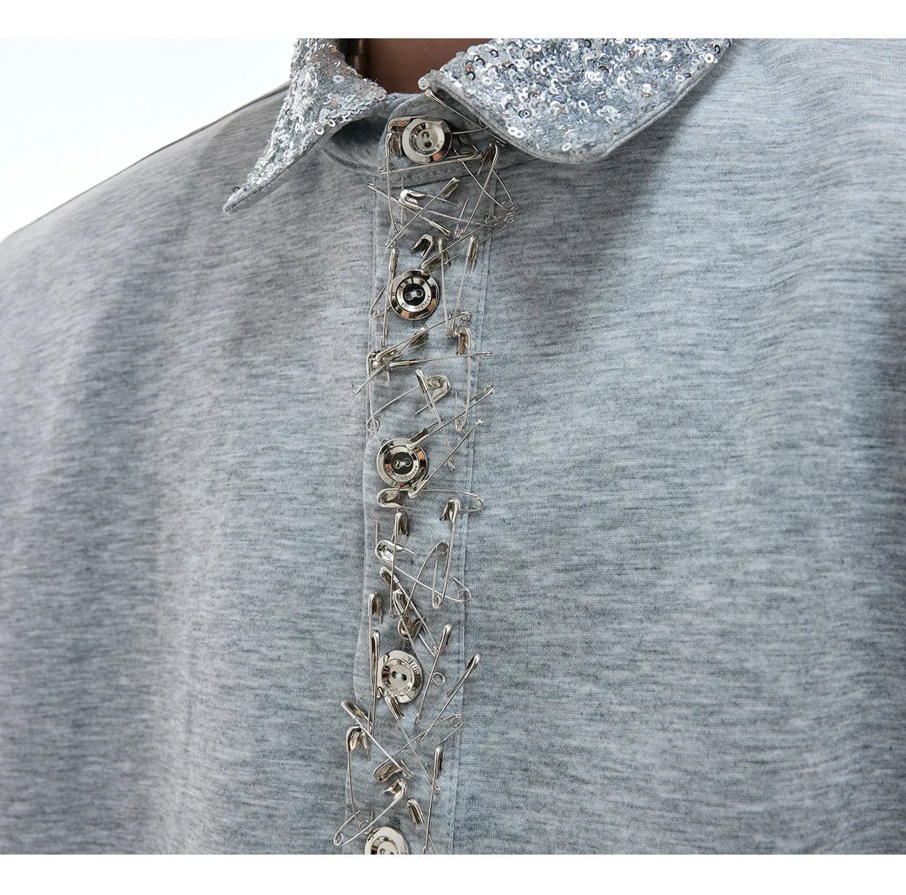 Loose fit square neck short sleeved shirt with sequins and metal decoration in black, grey or white