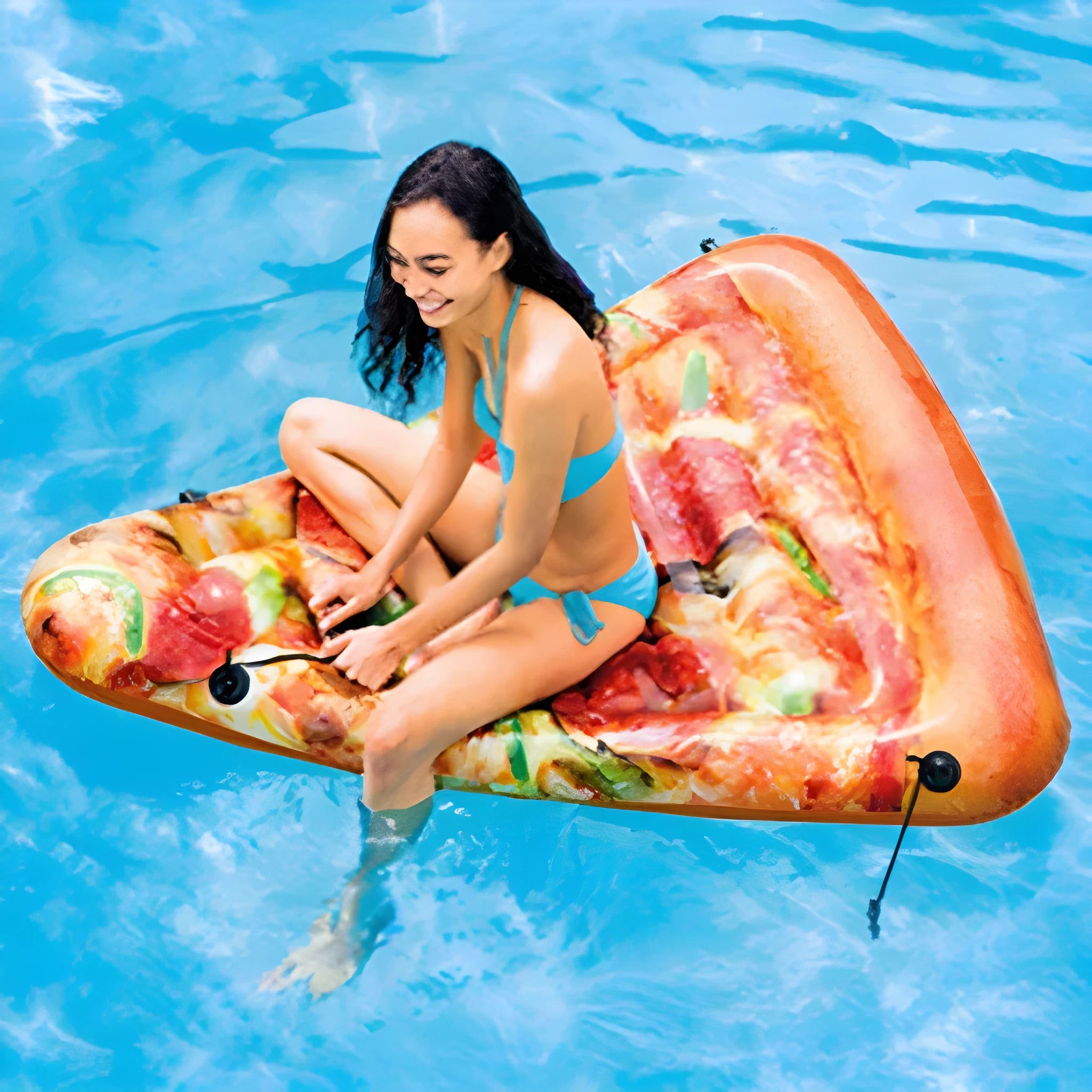 Large green and beige pizza-themed inflatable surfboard lounger floating on water