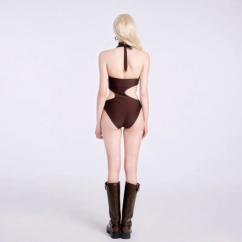 Dark brown polyester one-piece swimsuit for children with sleeveless design