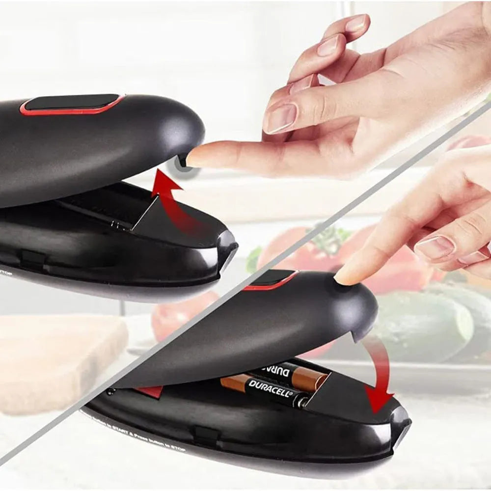 Black automatic electric can opener for hands-free opening of cans, jars, and bottles