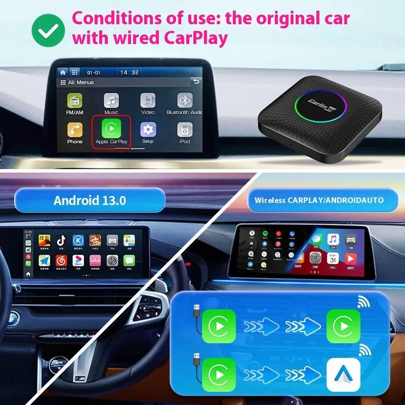 Carplay smart car networking box wired to wireless Qualcomm Eurasian version with two data cables