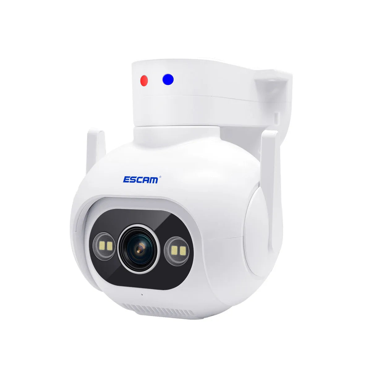 White plastic smart security camera with lens and wall mount bracket