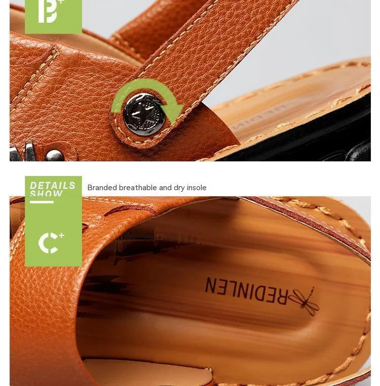 Men's first layer cowhide open-toe sandals with rubber sole, available in black colour option