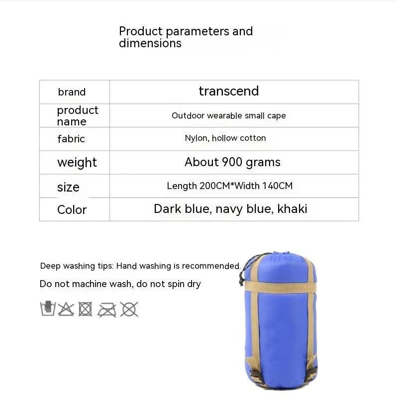 Grey outdoor cloak sleeping bag worn as a cape, showing its large 200x140cm size and hooded design.