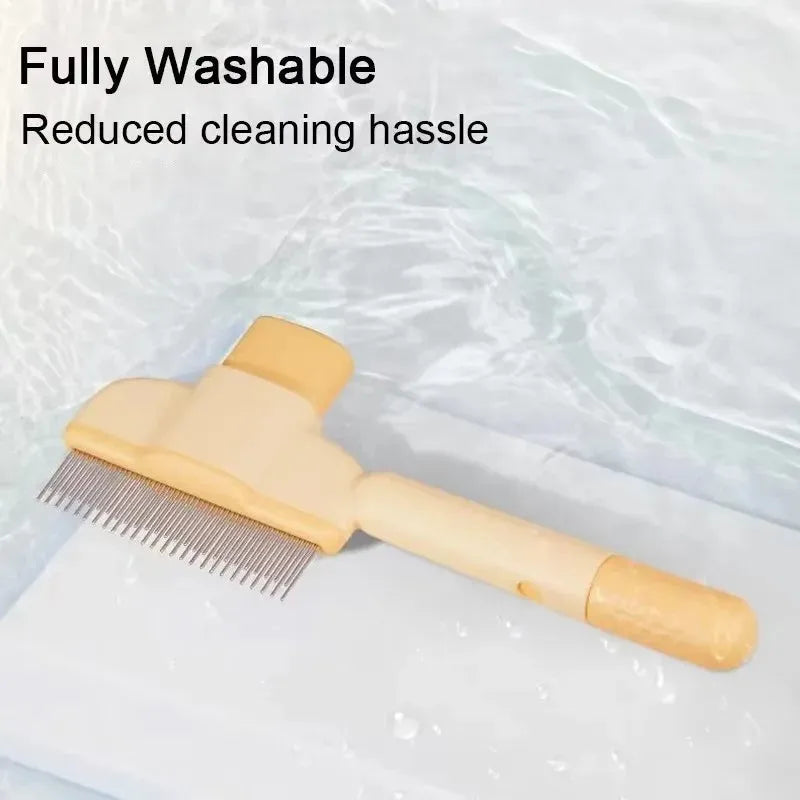 Green and yellow pet grooming brush with one-click hair removal and anti-mite cleaning bristles for dogs