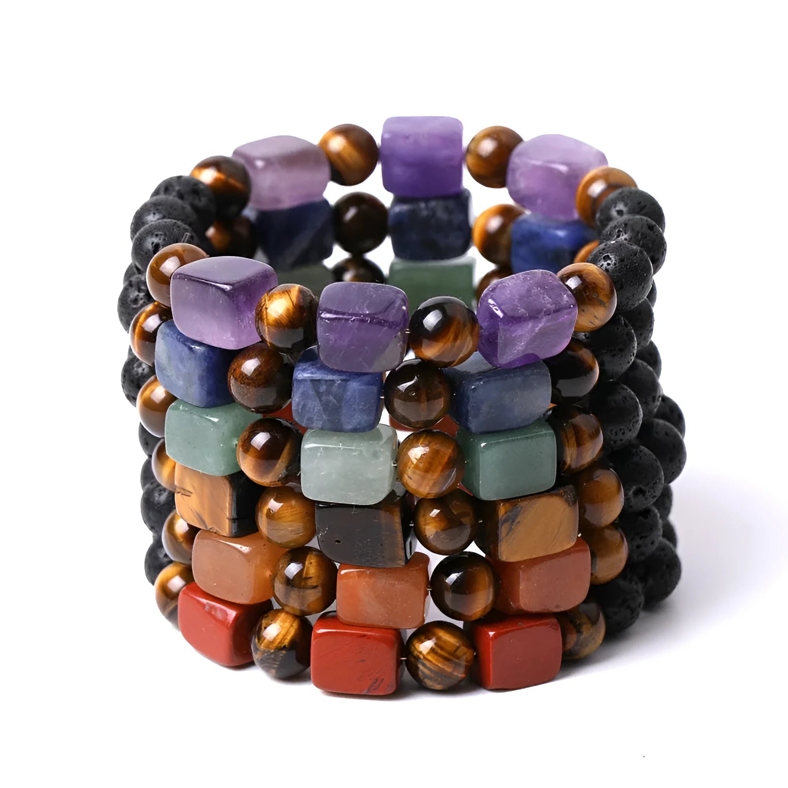 Square amethyst white crystal stone bracelet with geometric design and colourful rectangular volcanic stone