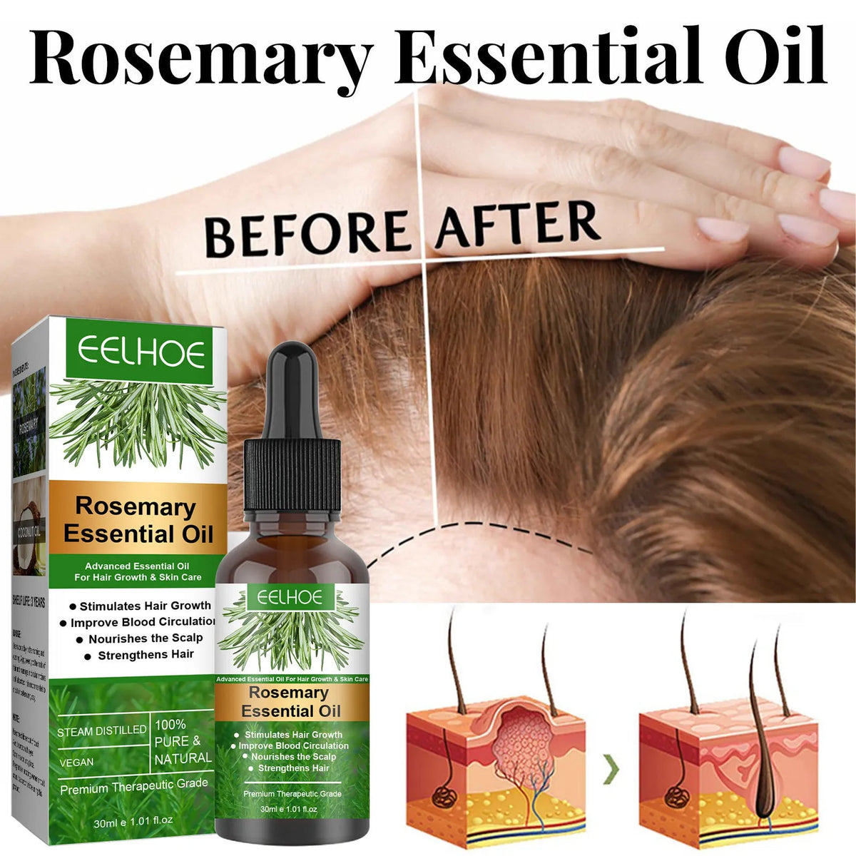 Rosemary anti-breakage nourishing hair care oil 30ml bottle with coconut oil, approximately 11.5cm tall