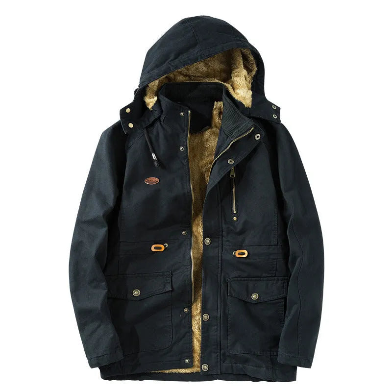 Men's mid-length military jacket, cotton-rich, stand-up collar, green, sizes M-5XL