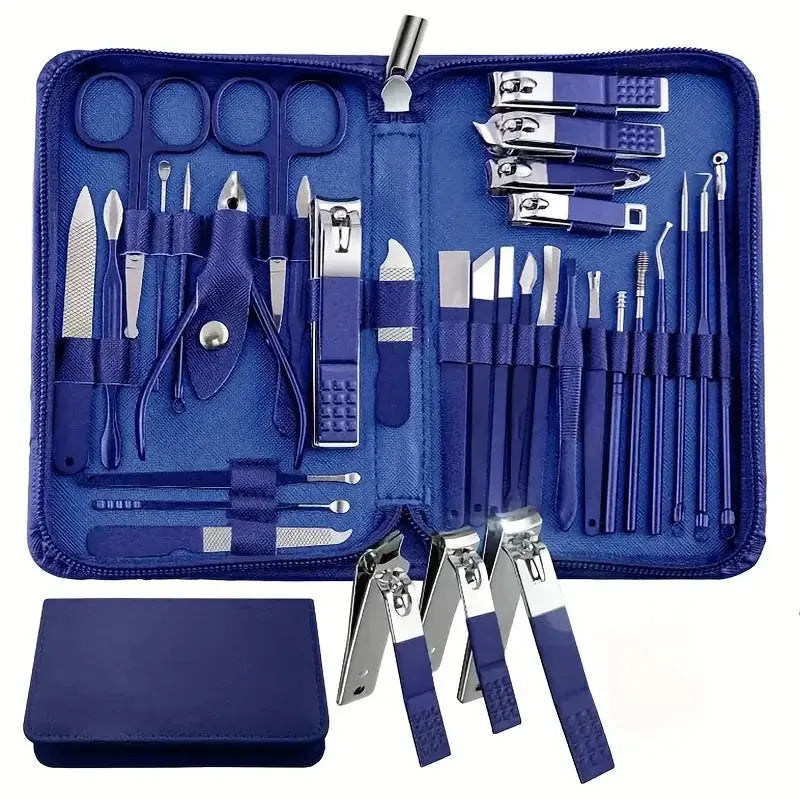30-piece stainless steel nail beauty tool set shown in one of five colour options: black, blue, green, pink, or rose gold.