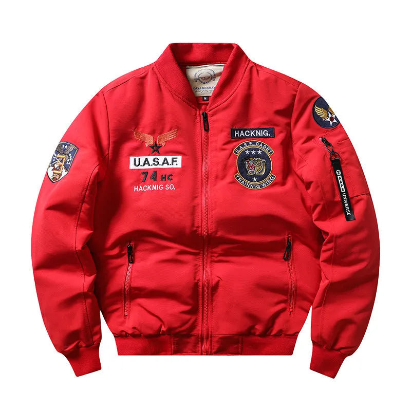 Men's slim-fit black retro embroidered motorcycle coat with a stand collar and patch pockets.