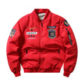 Men's slim-fit black retro embroidered motorcycle coat with a stand collar and patch pockets.