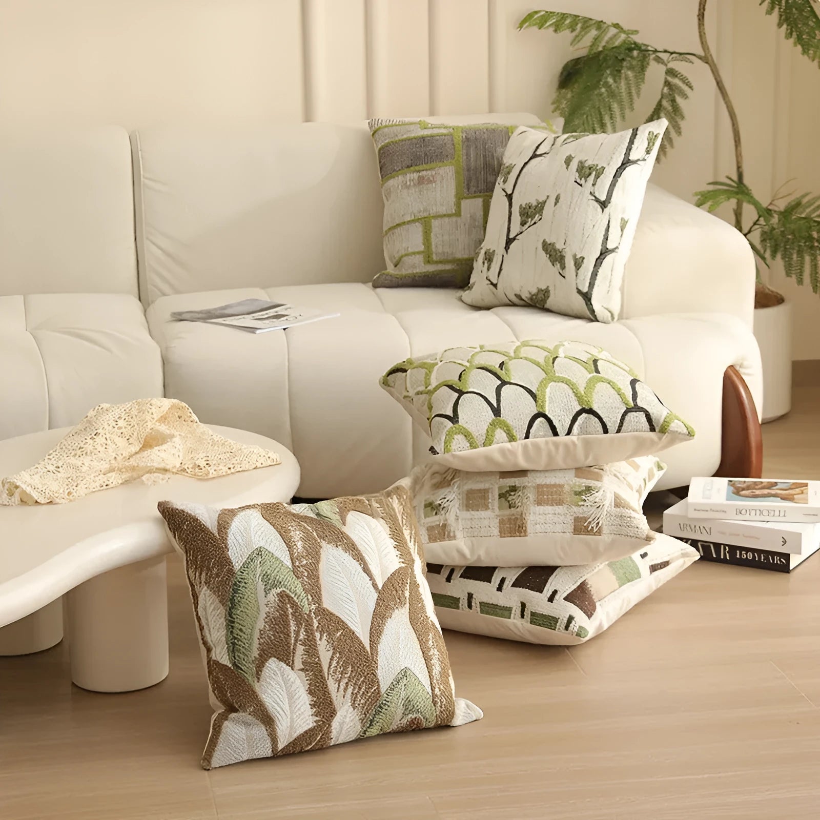 Square jacquard woven cushion cover with detailed botanical floral pattern in one of eight available colour options.