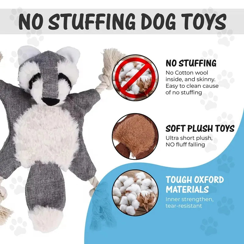Set of six assorted plush squeaky dog toys in animal shapes including fox, koala, monkey, rabbit, squirrel, and tiger