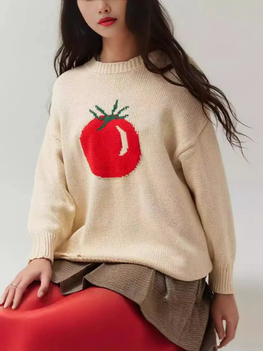Women's loose-fitting milky white acrylic sweater with Jacquard knit texture and round neck.