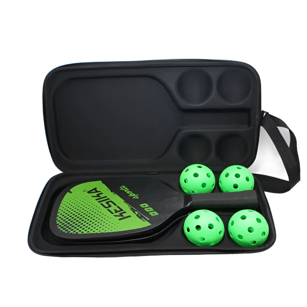 Black waterproof EVA pickleball shoulder bag with a double strap, holding a paddle and balls.