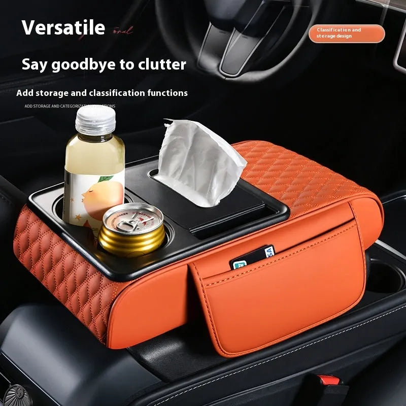 Multi-functional leather armrest box mat for car in beige colour with storage compartments, 35x19.5x7cm