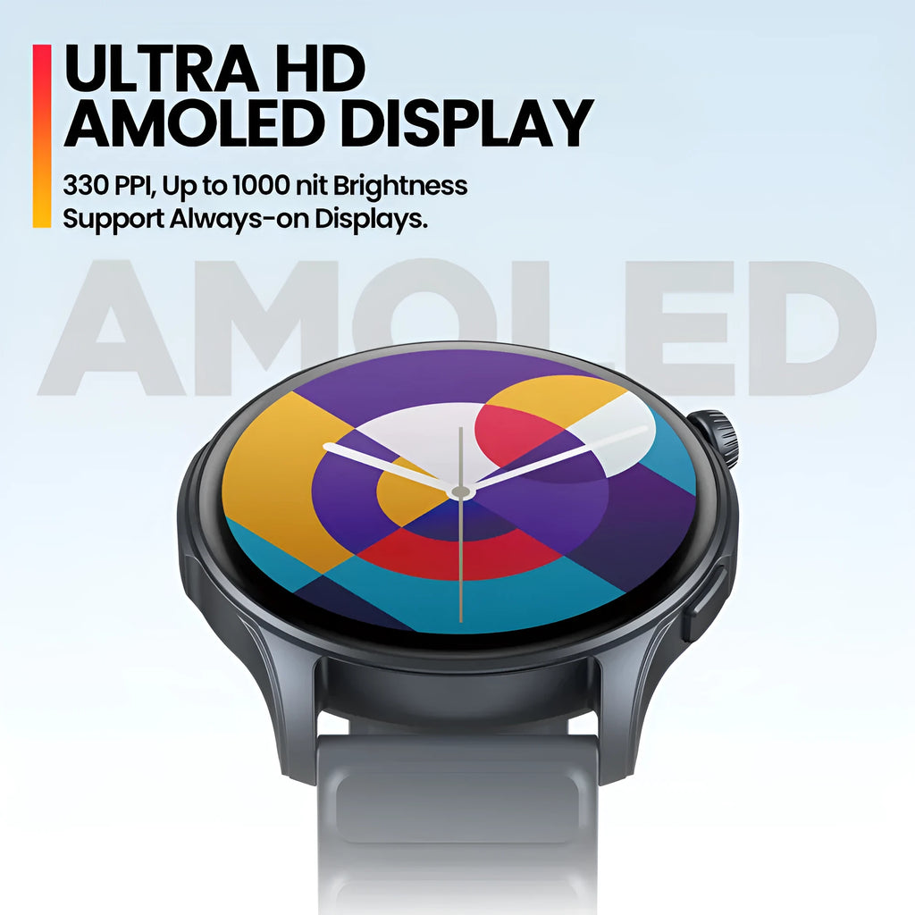 Btalk 3 Pro smart watch with AMOLED display showing health tracking data on blue-coloured case