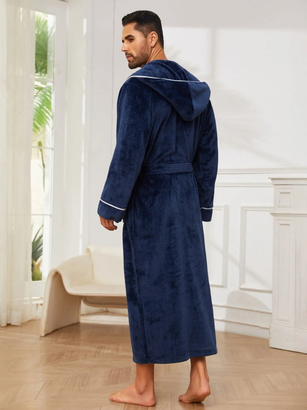 Light grey flannel bathrobe pajamas for men and women on a hanger