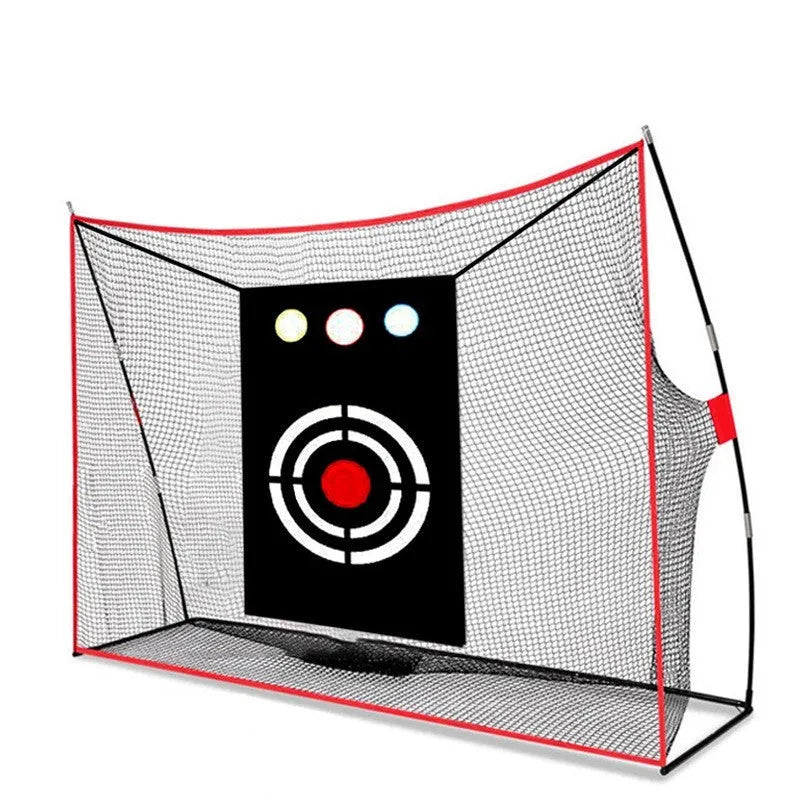 Golf swing wedge training net kit with straw mat, practice balls, and accessories laid out.