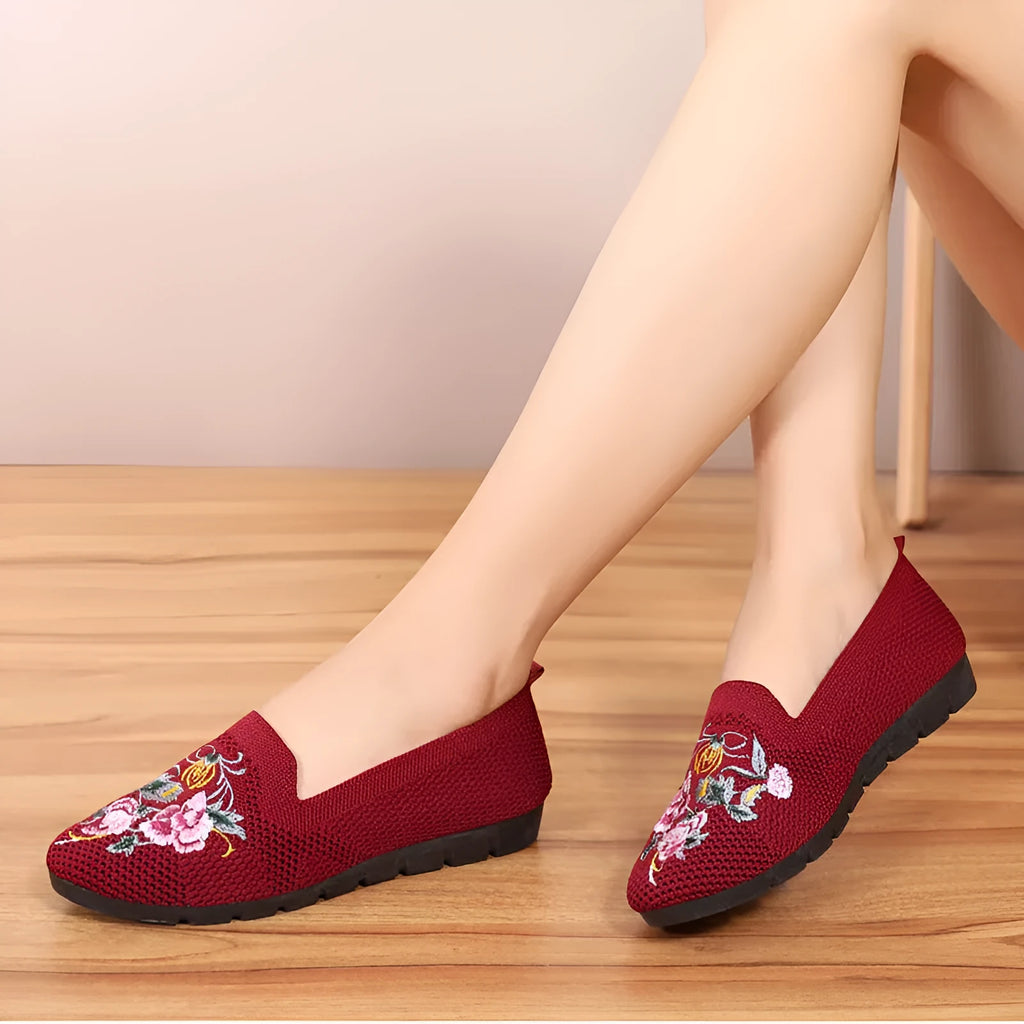 Women embroidered flying woven mesh cloth flat shoes round toe slip-on flat heel black colour