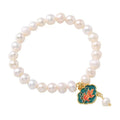 White natural freshwater pearl bracelet with vintage goldfish lotus pendant and antique electroplating