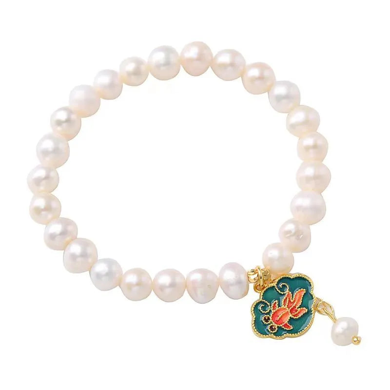 White natural freshwater pearl bracelet with vintage goldfish lotus pendant and antique electroplating