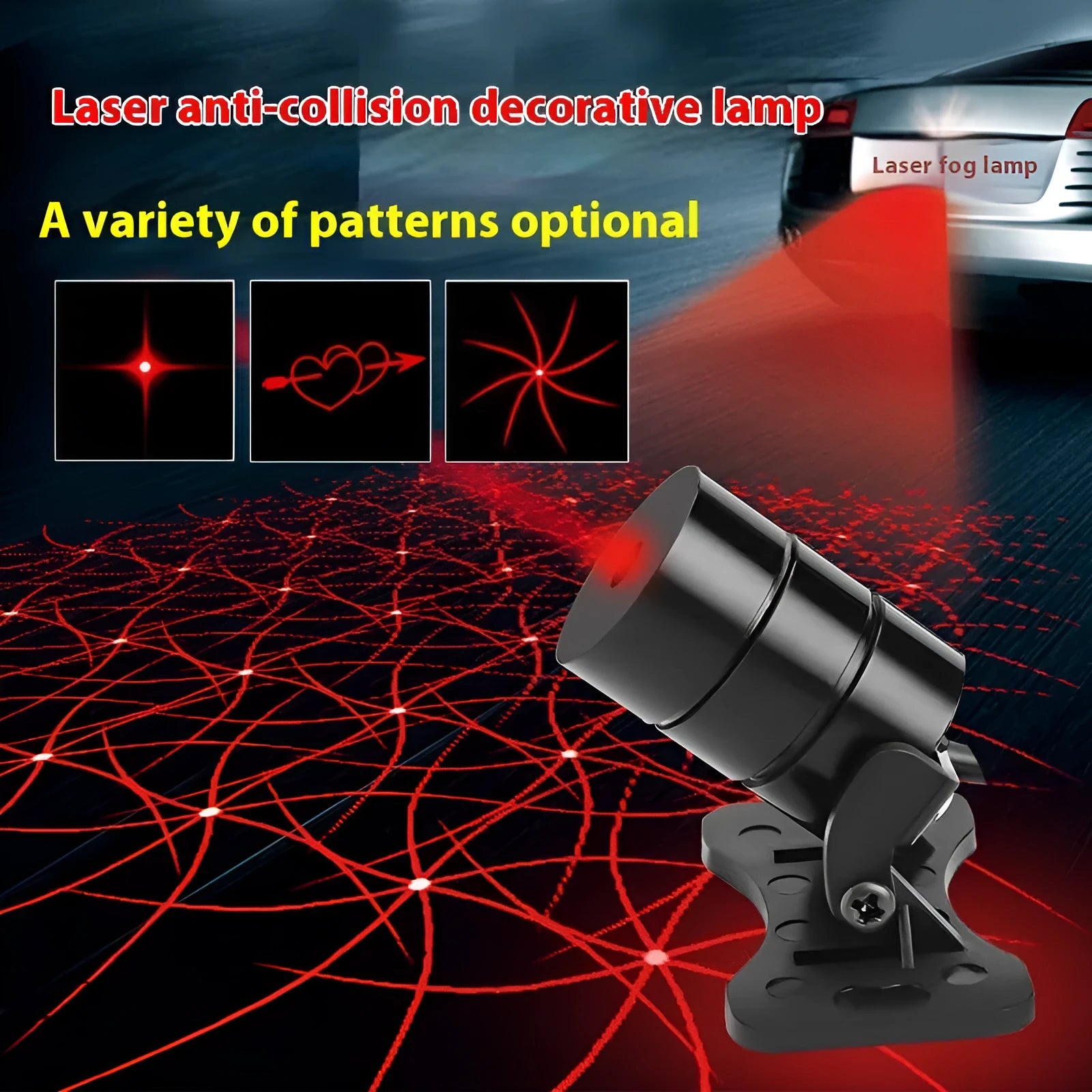Motorcycle laser fog light unit with aluminium housing showing multiple projected beam patterns on ground.