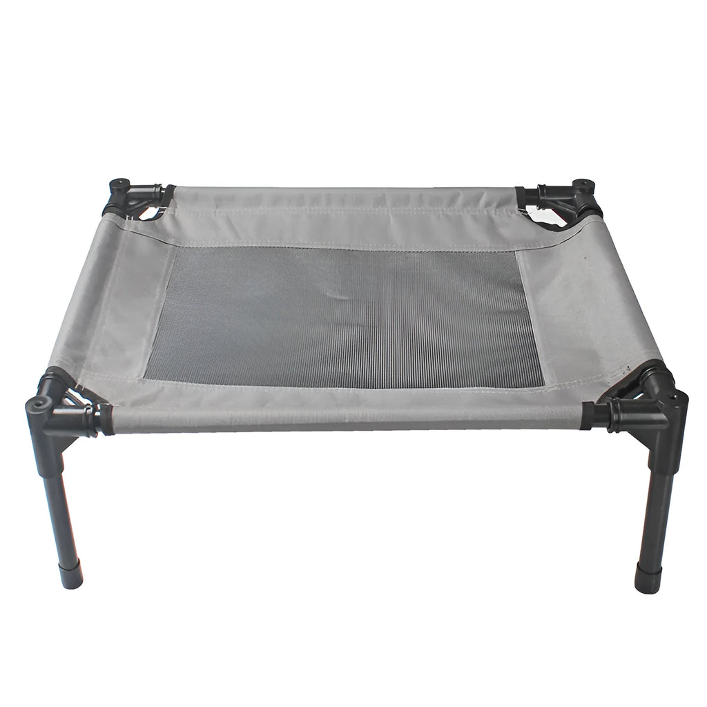 Black outdoor dog bed with removable Oxford cloth cover and steel frame, shown at 55cm length