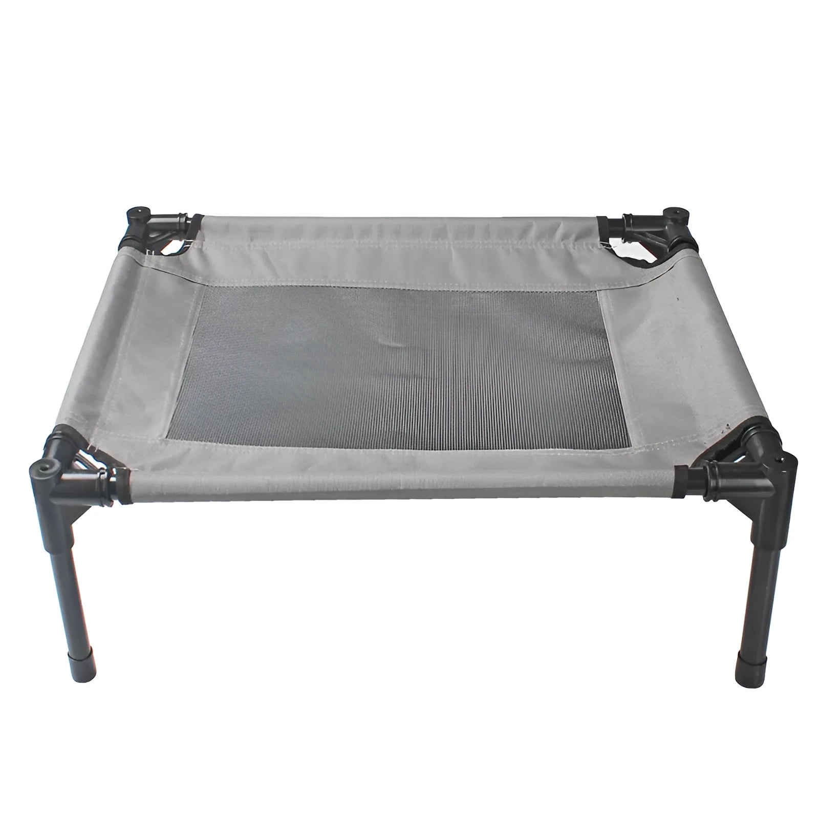 Black outdoor dog bed with removable Oxford cloth cover and steel frame, shown at 55cm length