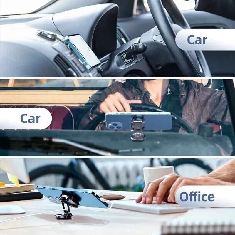Stainless steel magnetic car phone holder with foldable bracket and 360-degree rotation