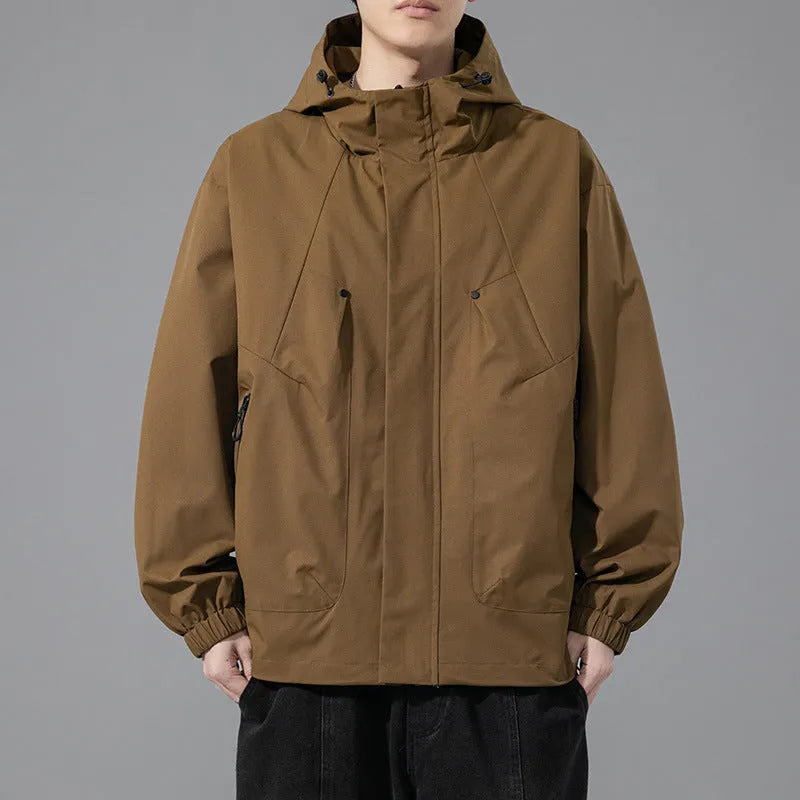 Men's plus size hooded casual coat in khaki, front view, polyester blend, spring autumn