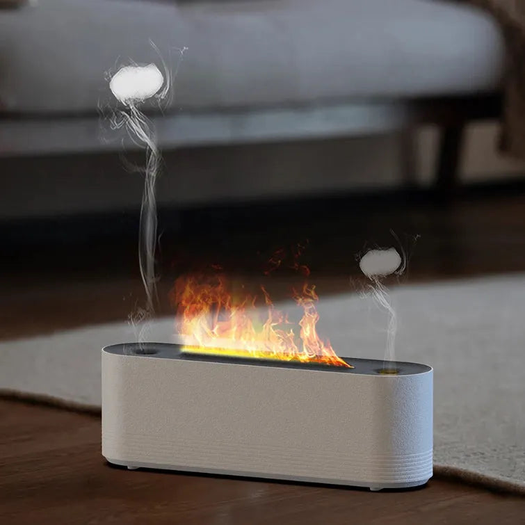 Black ultrasonic aroma diffuser with flame effect LED lighting and water mist output