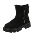 Women's black high-top snow boots with a side zipper and round toe on a non-slip rubber sole.