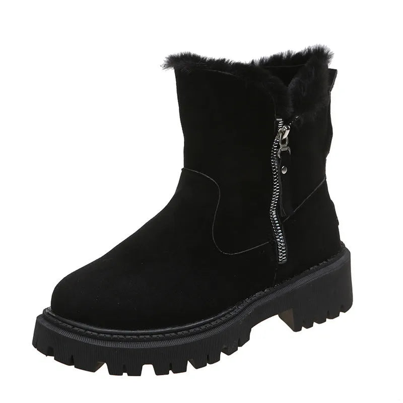 Women's black high-top snow boots with a side zipper and round toe on a non-slip rubber sole.
