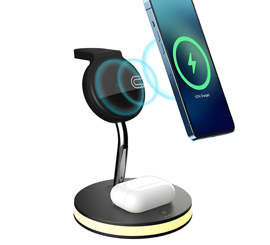 F17 four-in-one wireless charger in black with magnetic lock and indicator light