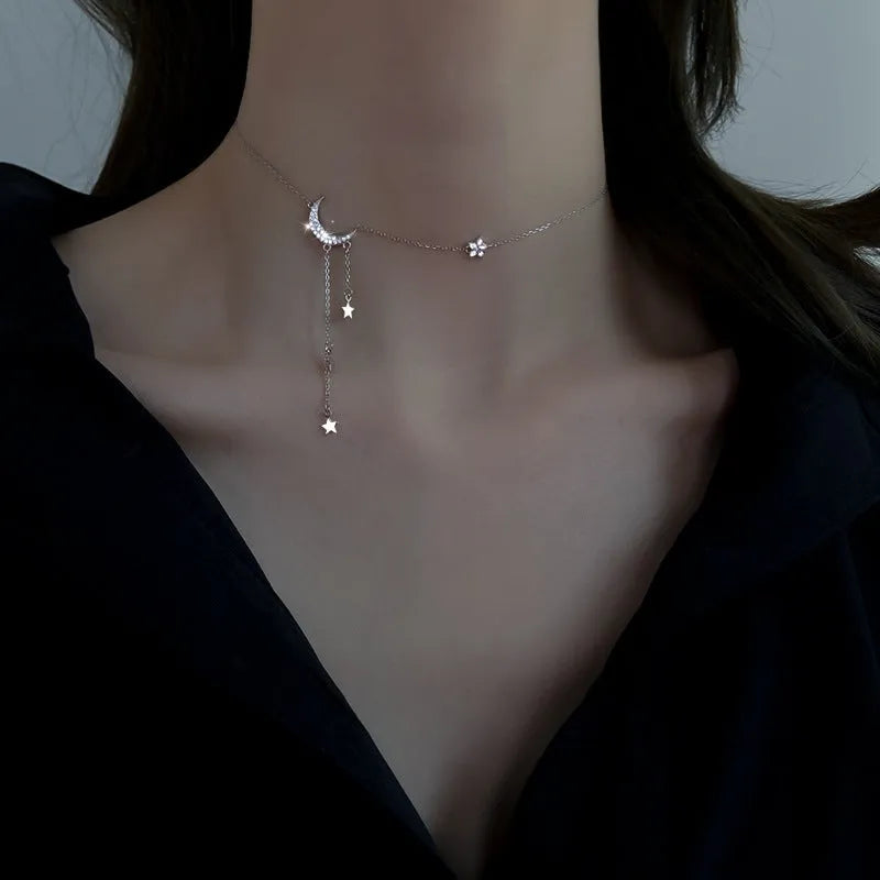 Tassel star moon necklace with copper cross chain, mixed gem inlay, drop pendant, silver white or yellow gold