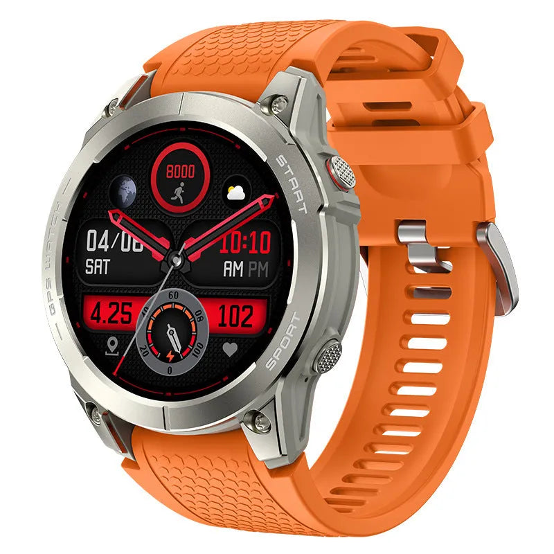 S53 outdoor GPS sports smart watch with black zinc alloy frame and silicone wristband showing 1.43-inch IPS display