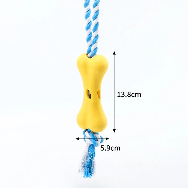 Green cotton rope bone-shaped dog chew toy with knot details and treat cavity
