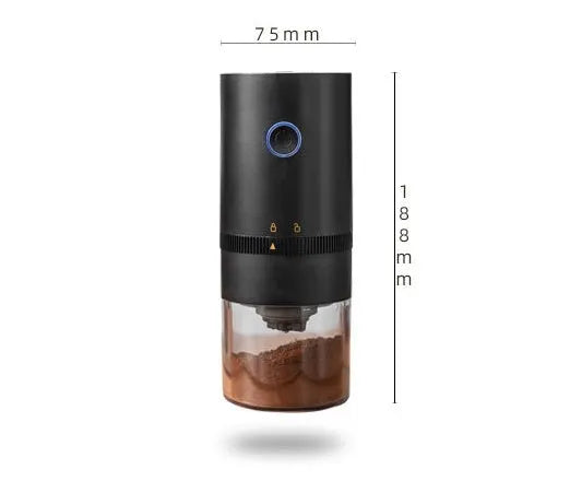 Black portable electric coffee grinder with transparent chamber showing coffee beans, USB-C charging port visible