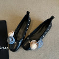 Women's DIY flower rivet Mary Jane shoes in black with buckle fastening and rubber sole